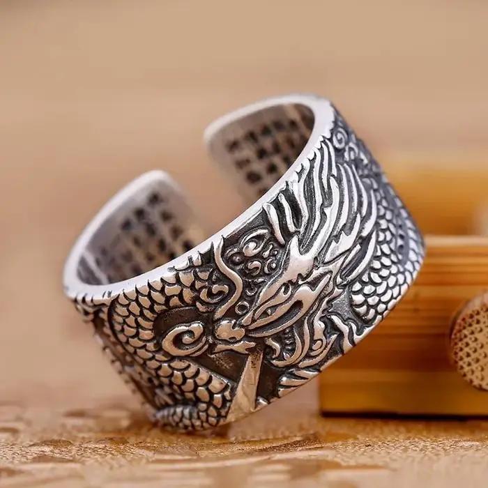 Classique rétro Gentleman ouverture large anneau 925 argent coeur méridien facettes Pan Dragon homme