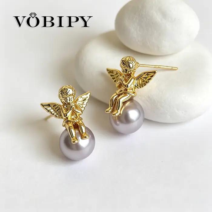 VOBIPY – boucles d'oreilles Cupidon en perles pour femmes, en argent 925 plaqué or 18 carats, rétro,