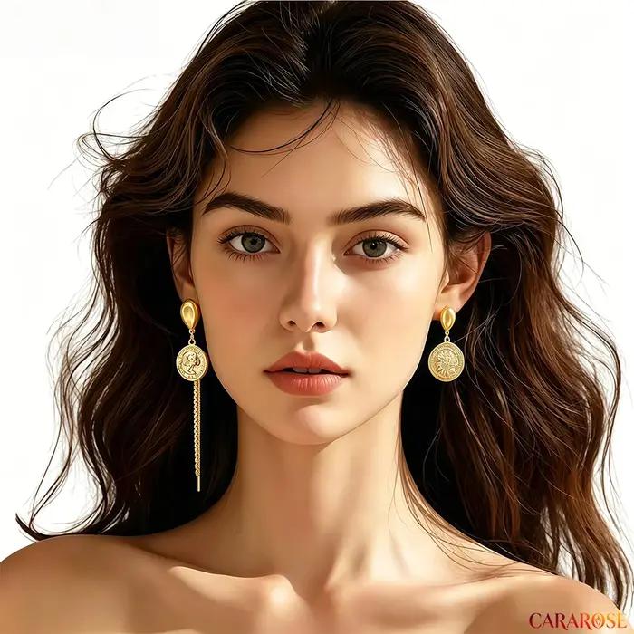 CARAROSE Boucles d'oreilles pendantes asymétriques en argent sterling S925 avec pièce de monnaie dorée et longues