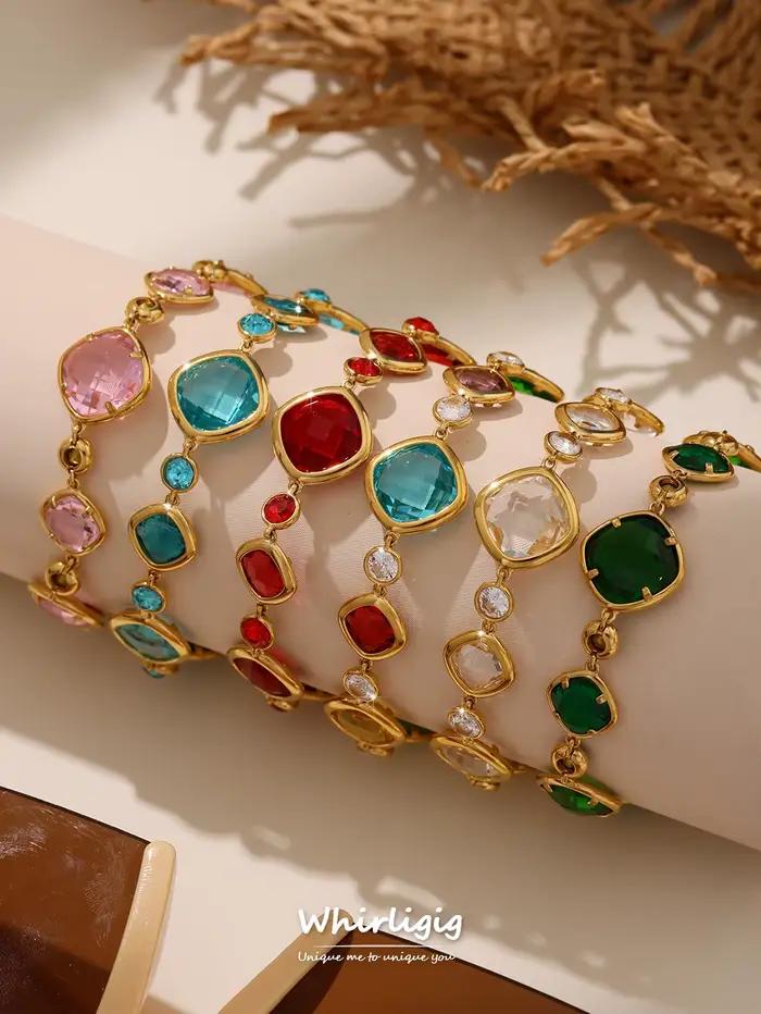 Bracelet Carré Noble en Acier Inoxydable Pour Femmes Avec Pierres de Verre Tchèque et Zircon Plaquées Or Occasions Spéciales