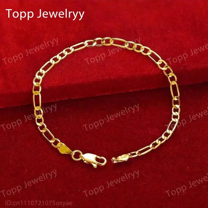 Bracelet Chaîne Figaro Argent Sterling 925 Plaqué Or 18 Carats 4mm Occasions Spéciales Hommes Femmes