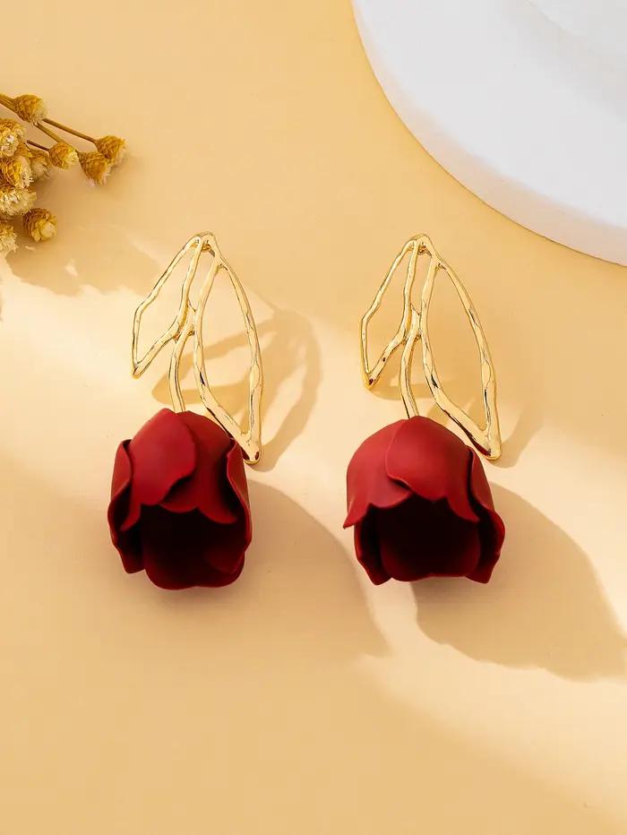 Boucles d'Oreilles Pendantes en Forme de Rose Vin Rouge Pour Femmes Usage Quotidien Vacances Cadeau Fête