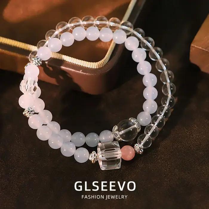Bracelet Double cercle en Quartz Rose bleu mer