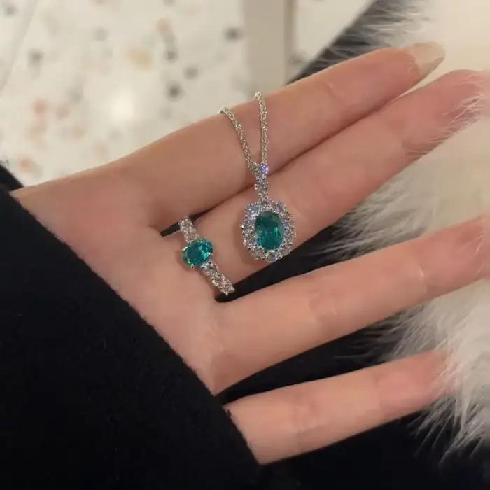 Pendentif en pierres précieuses incrustées de diamants en argent 925 pour femme, collier Paraiba brillant, bijoux exquis, mode rétro, luxe, bleu-vert