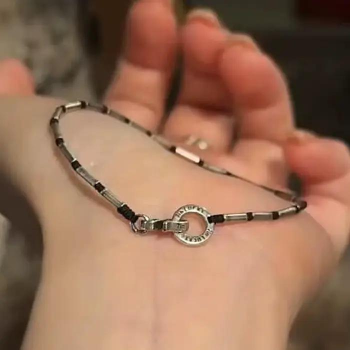 Bracelet de couple unique, style boucle circulaire, en argent et corde tressée noire, pour femme, de