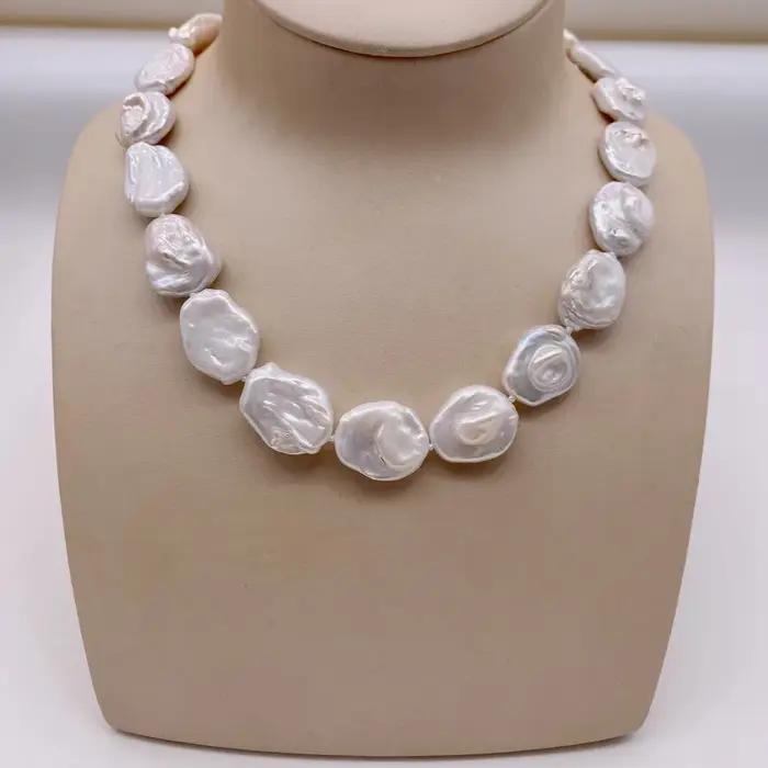 Collier de perles plates de forme ovale de poire blanche de 15mm, perles naturelles de culture d'eau