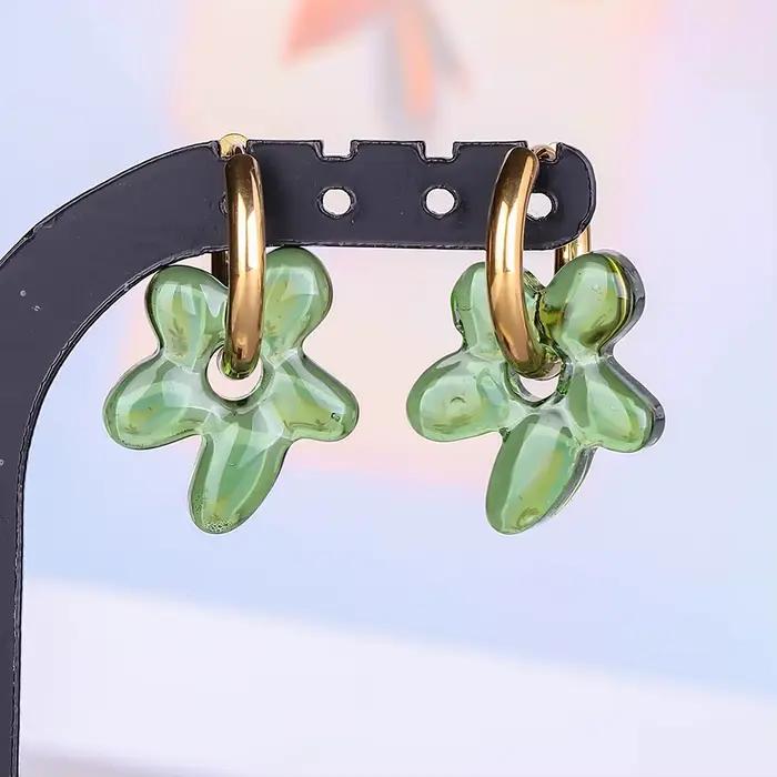 Boucles d'oreilles vintage en verre avec fleurs, plaquées or véritable, pour femmes et hommes, bijoux d'oreille, cadeau, boucles d'oreilles en acier inoxydable