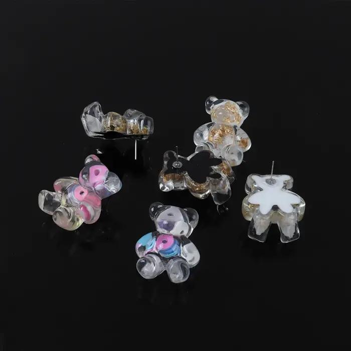 Boucles d'oreilles clous en résine dorée transparente en forme d'ours mignon pour femme