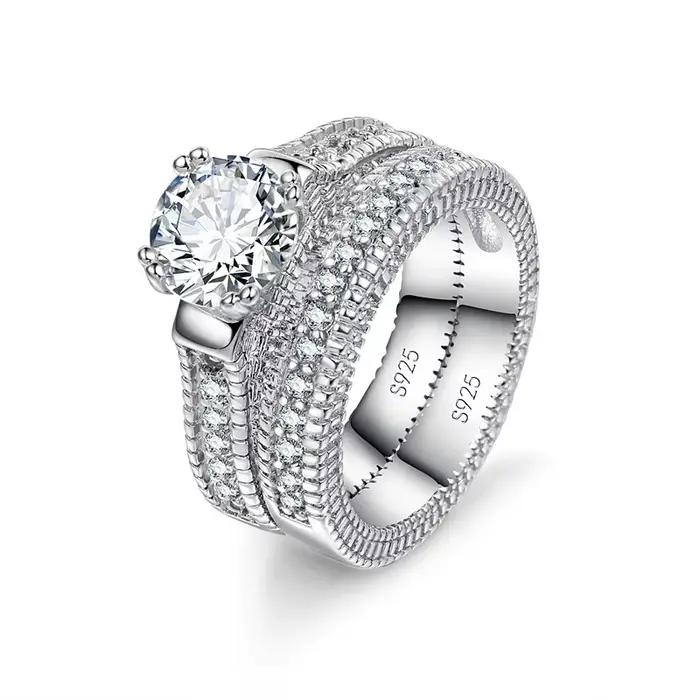 Ensemble de bagues de fiançailles de mariage élégantes, accessoire d'anniversaire de couleur argent