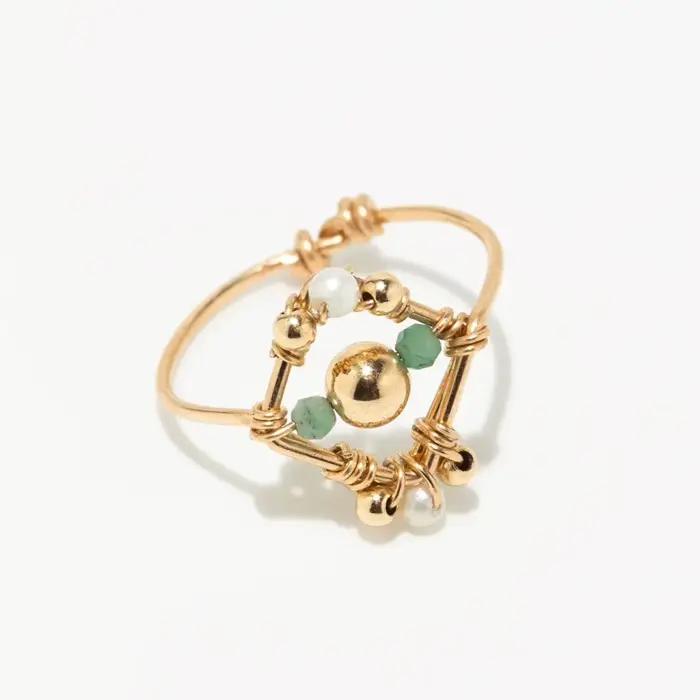 Bague en pierre d'émeraude faite à la main, bague en or 14 carats avec perle, bague délicate à super