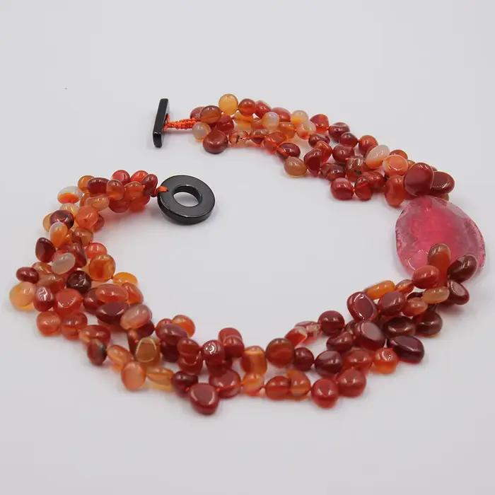 GuaiGuai-Collier à 3 brins d'agate cornaline rouge naturelle pour femme, perles de pépite, agates roses, connecteur épais, bijoux faits à la main