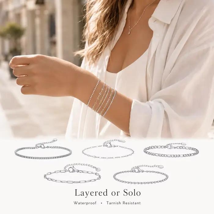 Bracelet chaîne pour femme couleur argent, bracelets empilables en acier inoxydable, cadeaux superposés résistants à l'eau