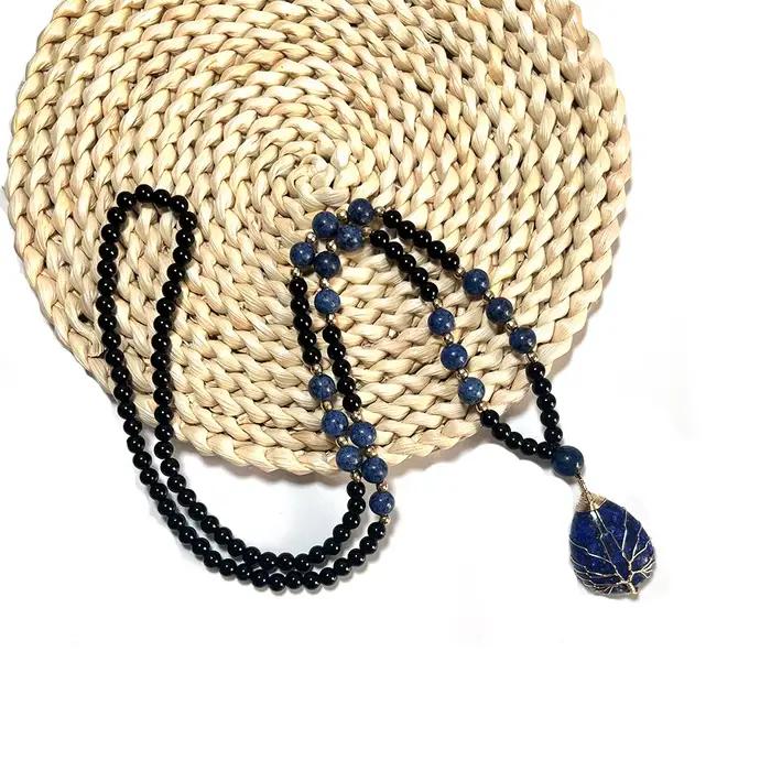 Collier de perles d'onyx noir Lapis Lazuli avec pendentif Lapis Lazuli pour hommes et femmes