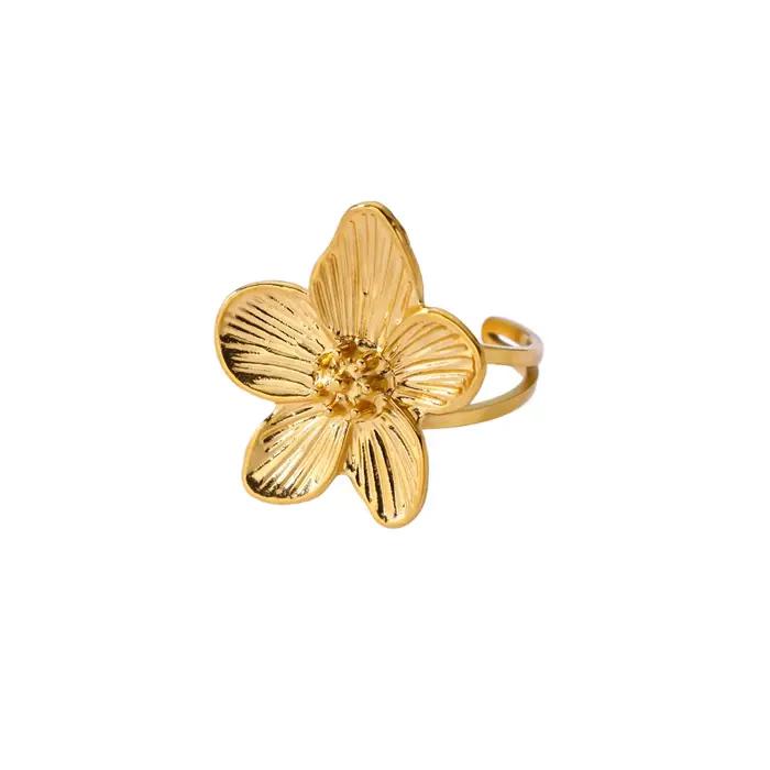 Bagues vintage grandes fleurs pour femmes, plaquées or 18 carats, en acier inoxydable texturé, ajust