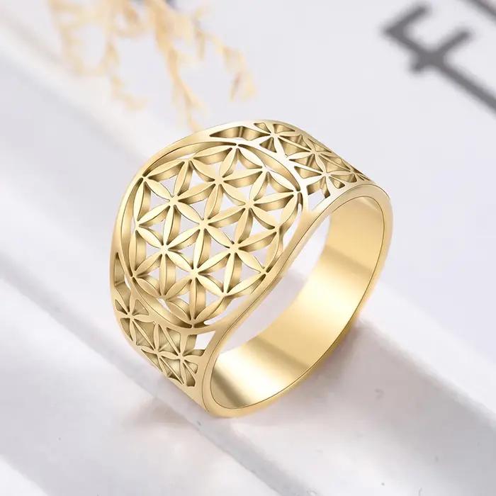 Bagues esthetiques en acier inoxydable plaqué or 18 carats fleur de vie vintage pour homme et femme occasions speciales partys anniversaires mariage