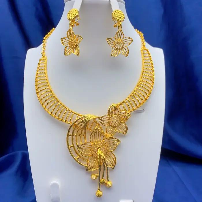 Ensemble de bijoux pour femmes, collier et boucles d'oreilles, couleur or 24K, dubaï indien, africai