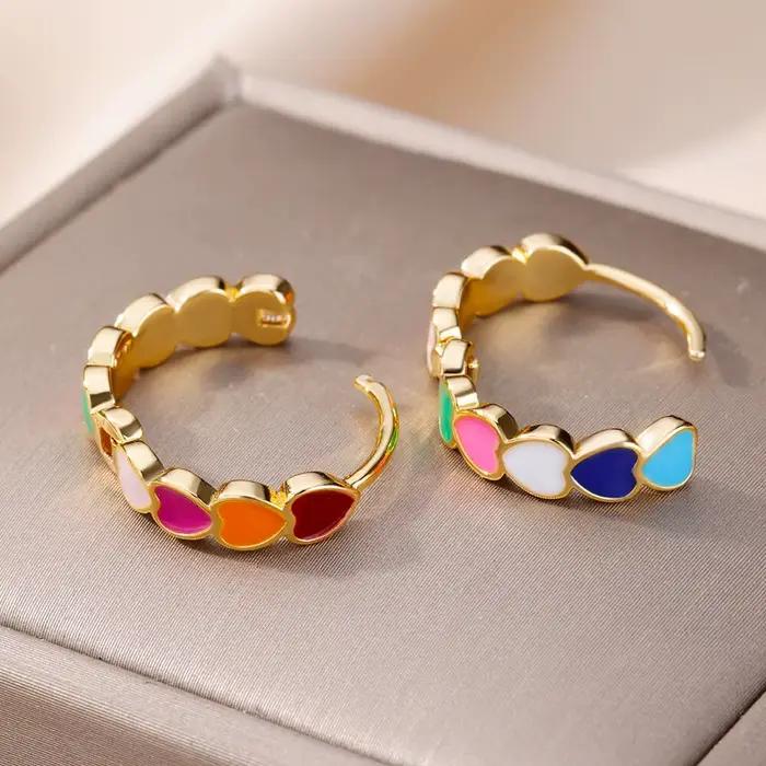 Boucles d'oreilles coeur pour femmes fille acier inoxydable émail multicolore géométrique cerceau boucle d'oreille doux accessoire Bijoux cadeau Bijoux Femme