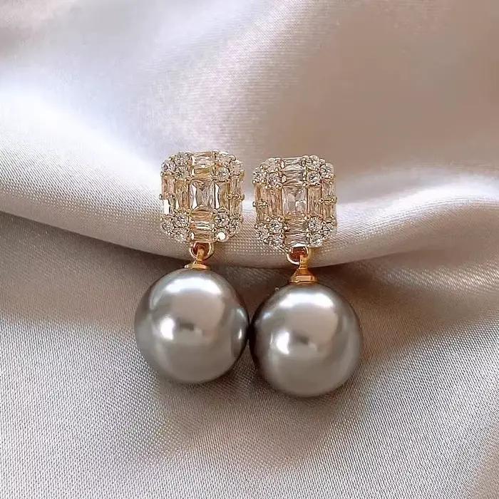 Boucles d'oreilles pendantes en cristal de zircon plaqué or avec perles, bijoux de luxe brillants pour femmes, pour bal de promo, banquet, cadeau