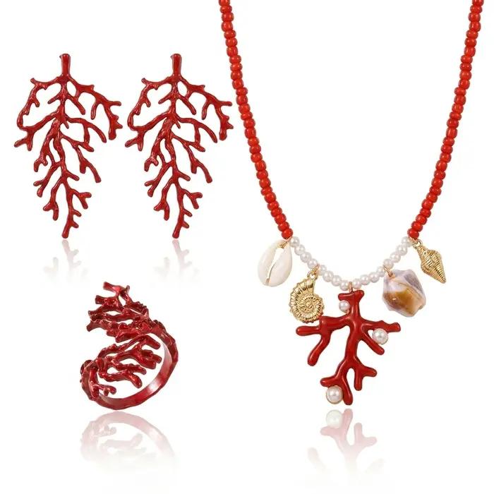 Ensemble de bijoux en corail rouge surdimensionné asymétrique pour femmes occasions estivales et soirées en été
