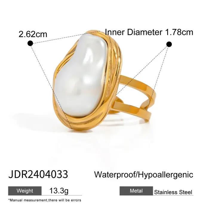 Bague en acier inoxydable plaqué or 18 carats avec perles baroques pour femmes style classique pour toutes les occasions