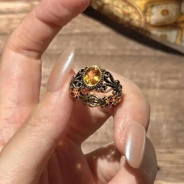 Bague d'art Vintage ajourée noir-doré, Style Punk, argent 925, cristal jaune, ovale, réglable, bijoux cadeau