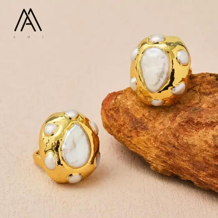 Bague en perle baroque plaquée or réglable pour femmes occasions spéciales engagement soirée mariage anniversaire unique