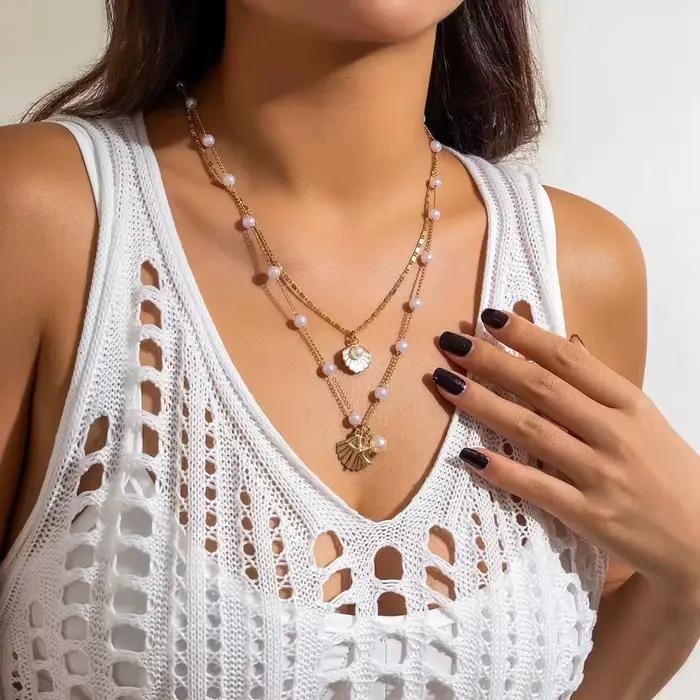 Collier en or pour femmes, couche de coquillage de mer, style Boho, été, coquillage, plage, étoile de mer, perle, surfeur, bijoux, tenues de vacances, cadeaux