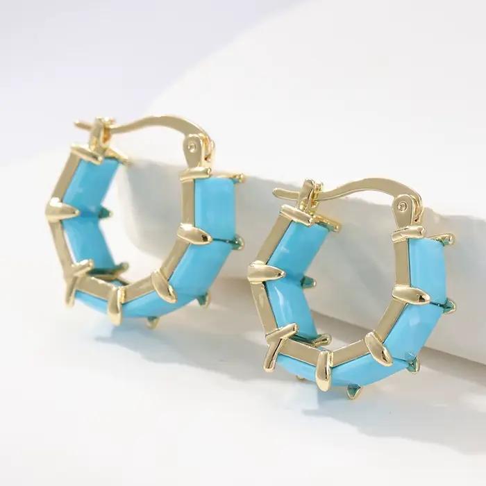 Boucles d'oreilles classiques à carreaux Turquoise pour femmes, Vintage, élégantes, plaquées or, accessoires de bijoux, cadeaux de fête exquis