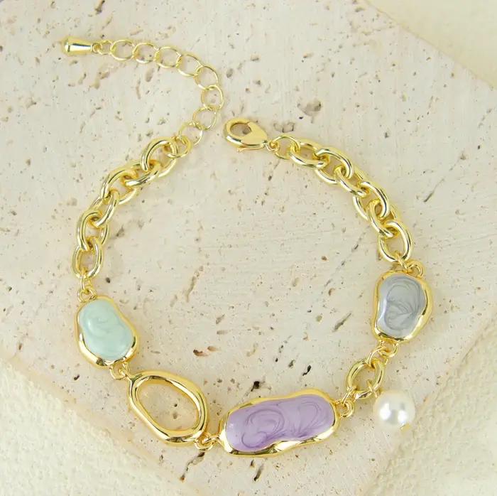 Bracelet en résine irrégulière de style italien, couleur or 14 carats, émail européen, chaînes légèr