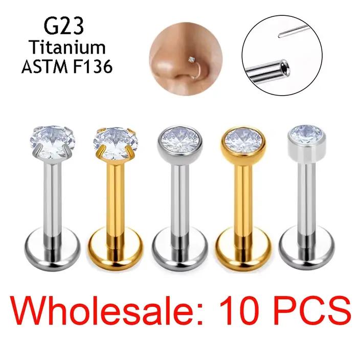10 pièces clous d'oreille sans fil G23 titane nez PIERC punaise Labret lèvres anneaux boucles d'orei