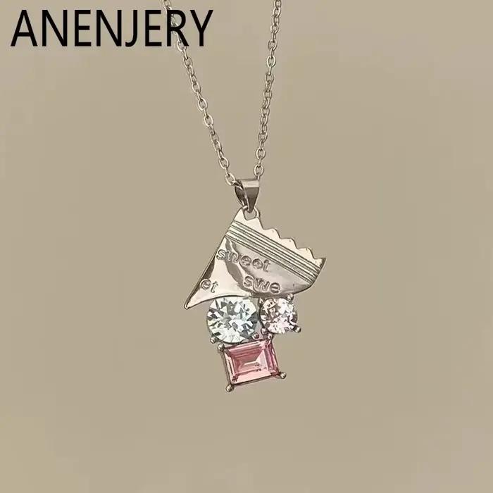 ANENJERY – collier avec pendentif en Zircon rose et bleu pour femmes, chaîne de clavicule, Design de luxe délicat et doux, bijoux cadeaux, vente en gros