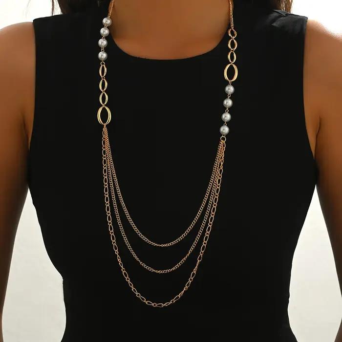 Collier à chaîne de perles multicouches avec pendentif long à franges