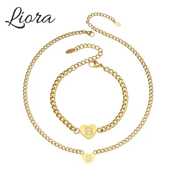Liora coeur cubique zircone lettre pendentif collier Bracelet pour femmes en acier inoxydable chaîne cubaine Mujer Hip Hop ensembles de bijoux