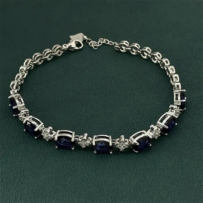 Bracelet en argent sterling 925 avec pierre précieuse bleu foncé