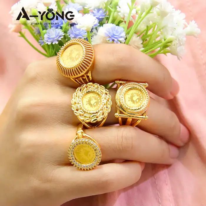 Bague de pièces d'or turques plaquée or 21 carats sertie de zirconium pour femmes - Alliances de mariage traditionnelles - Bijoux de fête pour occasions spéciales