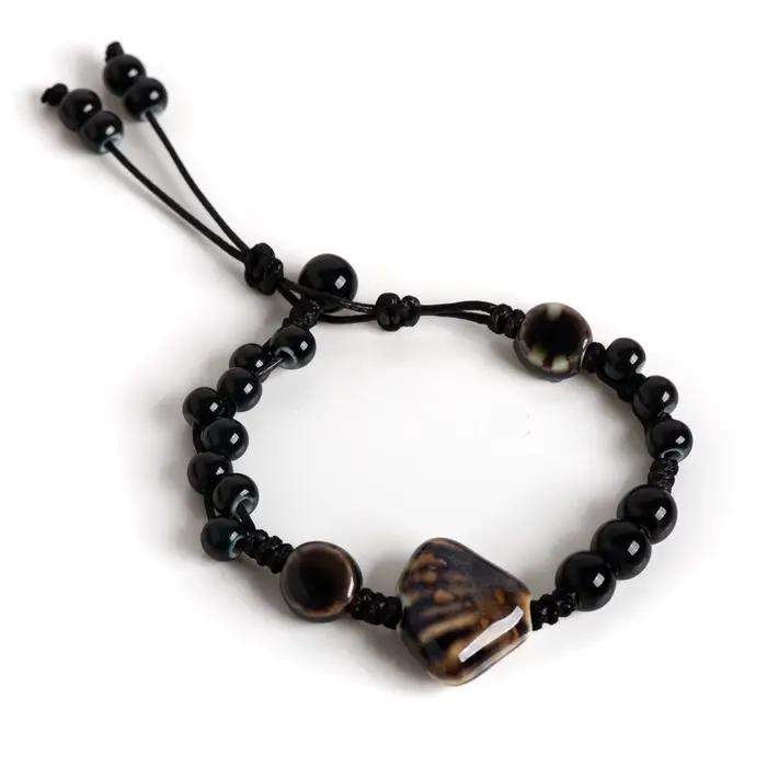 Bracelet festonné en céramique fait main, réglable, vintage, perles noires, bijoux minimalistes pour couples et cadeaux, 155