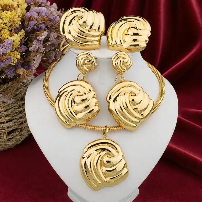 Ensemble de bijoux couleur or dubaï pour mariée, grand collier et boucles d'oreilles plaqués or 18 c