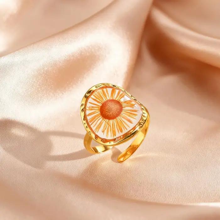 Bague ouverte délicate en fleurs séchées pour femme, bagues géométriques en acier inoxydable en form