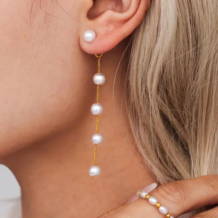 Boucles d'oreilles longues pendantes avec pampilles en perles pour femmes