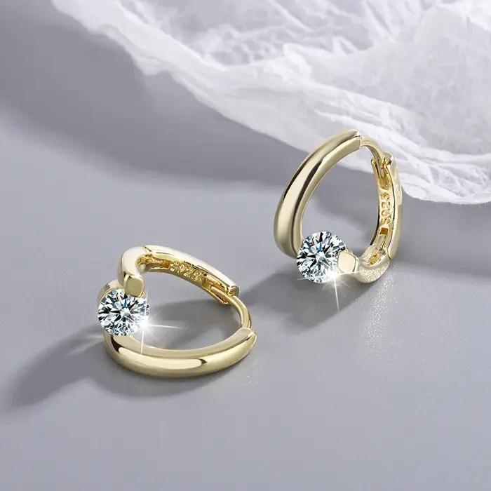 Boucles d'oreilles simples en argent Sterling 925 et cristaux dorés pour femmes