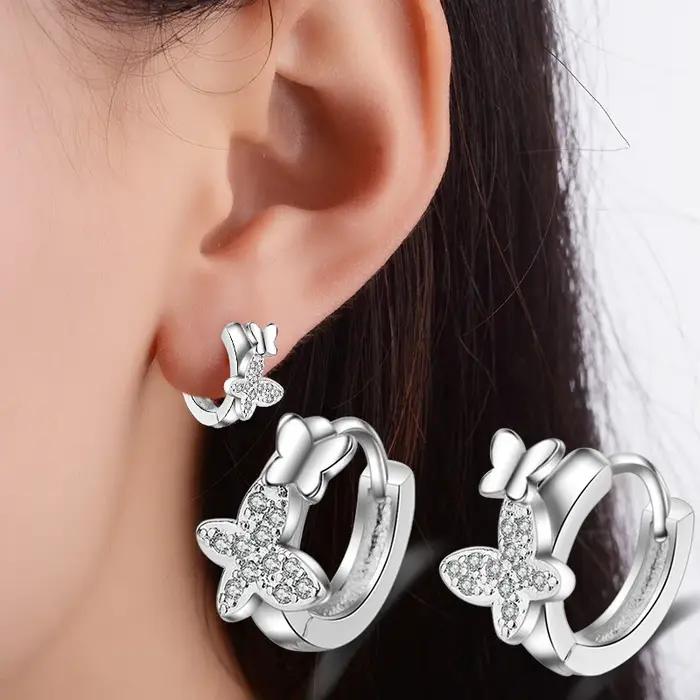 Bébé 925 argent clair CZ mignon Animal Double papillon cerceau boucle d'oreille pour enfants