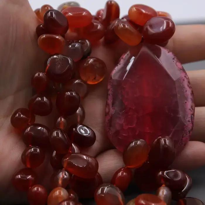 GuaiGuai-Collier à 3 brins d'agate cornaline rouge naturelle pour femme, perles de pépite, agates roses, connecteur épais, bijoux faits à la main