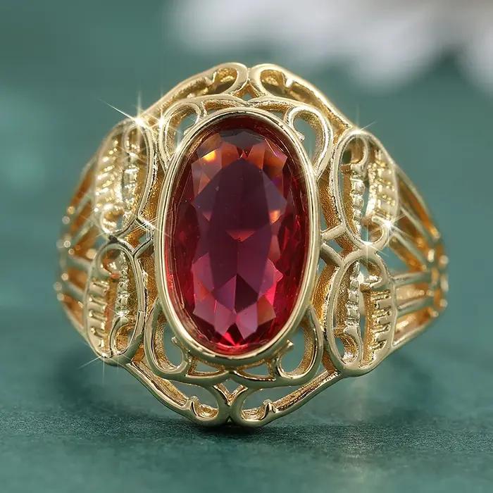 Magnifique bague vintage dorée sculptée à la main avec rubis synthétique creux pour femme