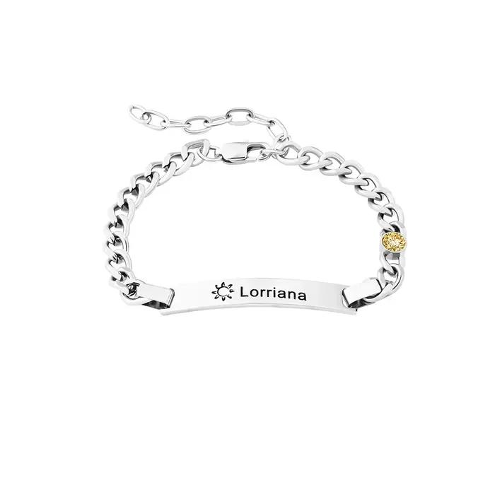 Bracelet personnalisé avec nom et pierre de naissance pour enfant cadeau d'anniversaire ou de baptême en titane or rose argent adjustable cubain