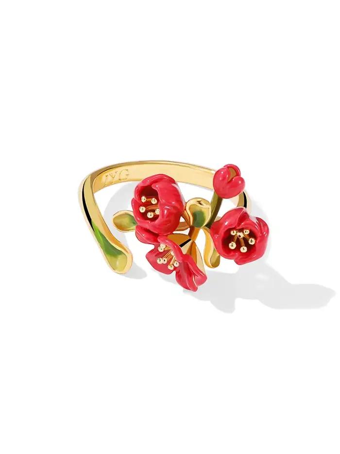 Bague Fleur de Bégonia Rouge JUICY GRAPE pour Femme, Bague Ajustable en Émail de Luxe Français, Plaq