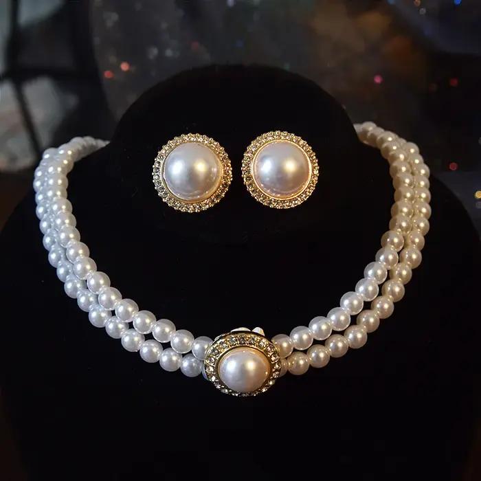 Collier et boucles d'oreilles en perles Double couche pour femmes