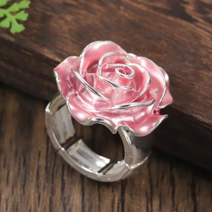 Cring Coco Rose Bague en Émail pour Femme, Breloque Élégante, Plante Réglable, Bijoux à la Mode, Cadeau de Noël