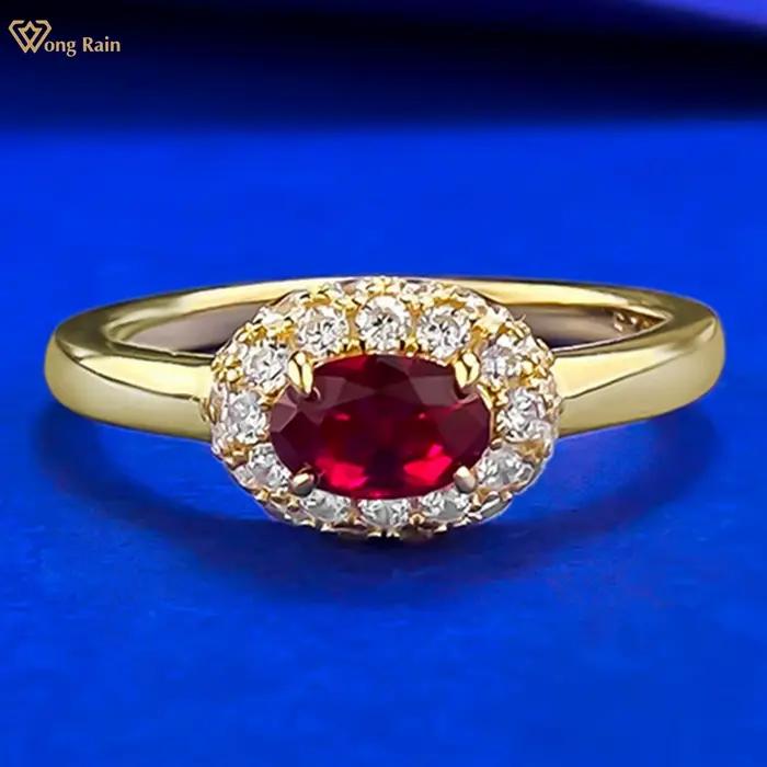 Wong Rain – bague de fiançailles Vintage en argent Sterling 925, coupe ovale, rubis 4x6 MM, pierres précieuses en diamant à haute teneur en carbone, bijoux fins, cadeaux pour femmes