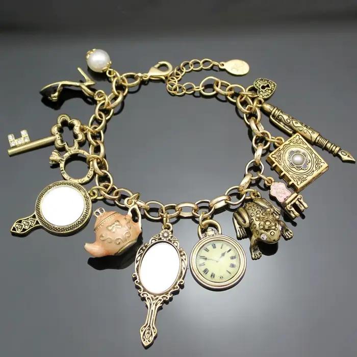 Vintage pays des merveilles miroir breloques perles lien chaîne cristal bracelet bracelets pour femm