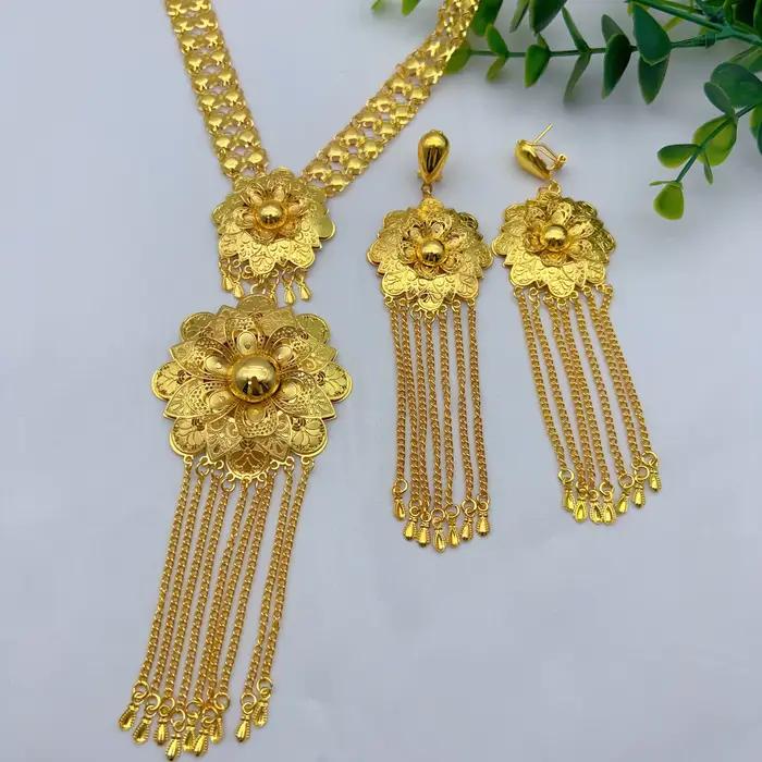 Ensemble de colliers longs et volumineux couleur or 24 carats pour femmes, bijoux de luxe indiens, pendentif de fête, bijoux de Dubaï, accessoires, cadeaux